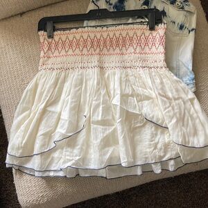 Free People White Smocked Mini Skirt with Red Embroidery